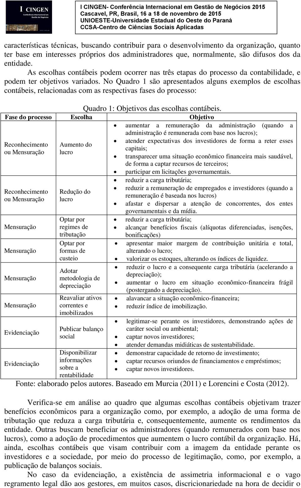 No Quadro 1 são apresentados alguns exemplos de escolhas contábeis, relacionadas com as respectivas fases do processo: Quadro 1: Objetivos das escolhas contábeis.