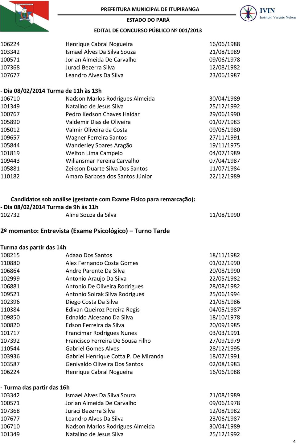 Valdemir Dias de Oliveira 01/07/1983 105012 Valmir Oliveira da Costa 09/06/1980 109657 Wagner Ferreira Santos 27/11/1991 105844 Wanderley Soares Aragão 19/11/1975 101819 Welton Lima Campelo