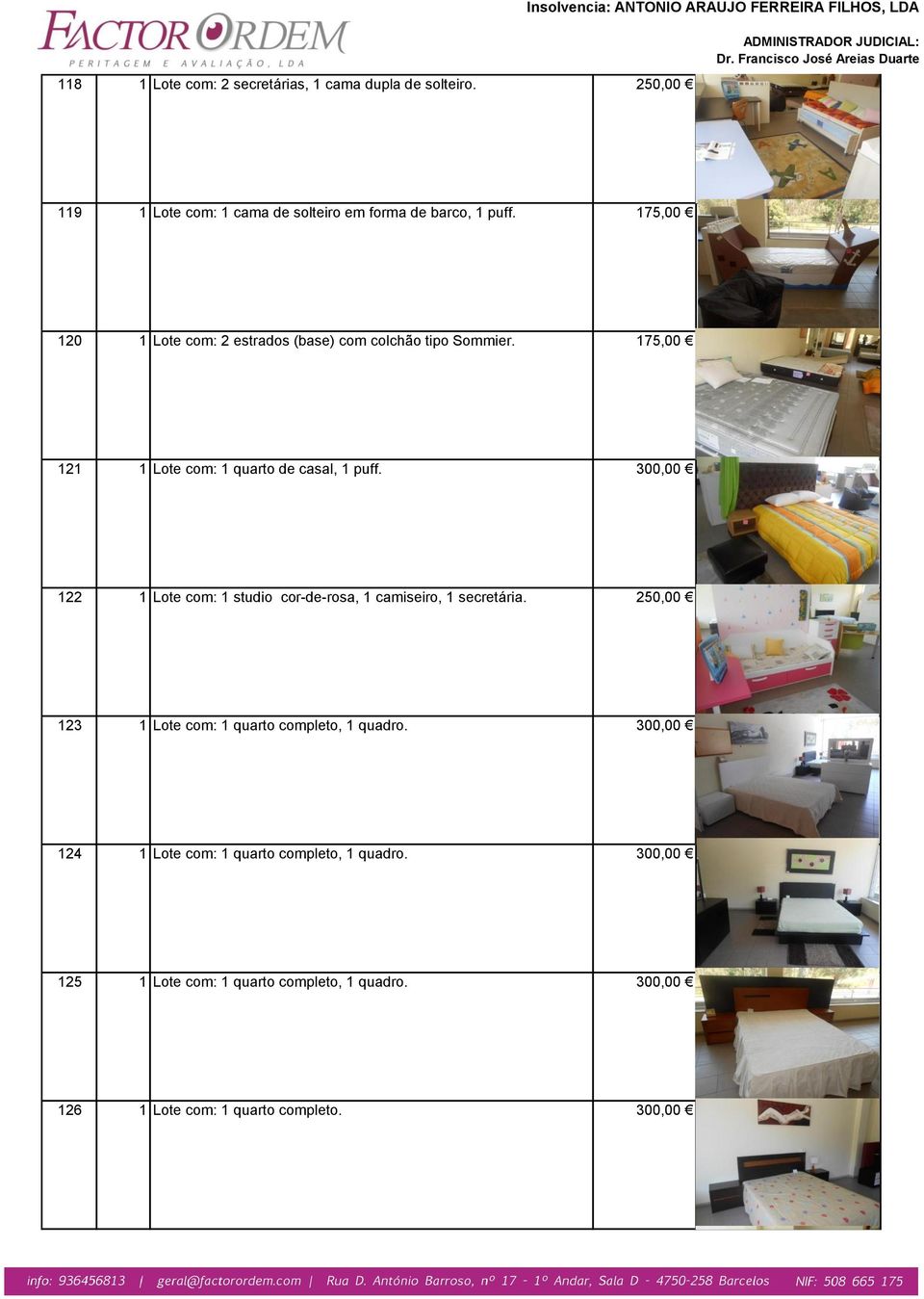 175,00 120 1 Lote com: 2 estrados (base) com colchão tipo Sommier. 175,00 121 1 Lote com: 1 quarto de casal, 1 puff.