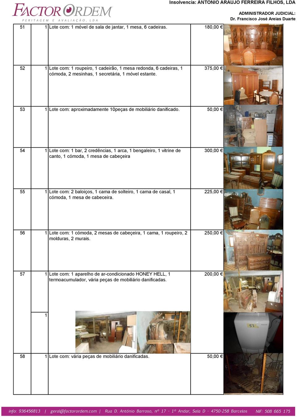 50,00 54 1 Lote com: 1 bar, 2 credências, 1 arca, 1 bengaleiro, 1 vitrine de canto, 1 cómoda, 1 mesa de cabeçeira 55 1 Lote com: 2 baloiços, 1 cama de solteiro, 1 cama de casal, 1 cómoda,