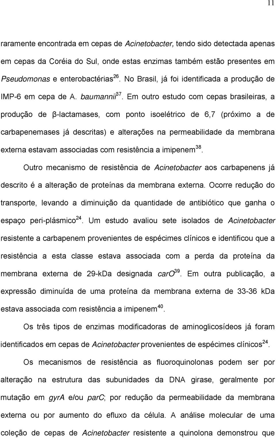 Em outro estudo com cepas brasileiras, a produção de β-lactamases, com ponto isoelétrico de 6,7 (próximo a de carbapenemases já descritas) e alterações na permeabilidade da membrana externa estavam