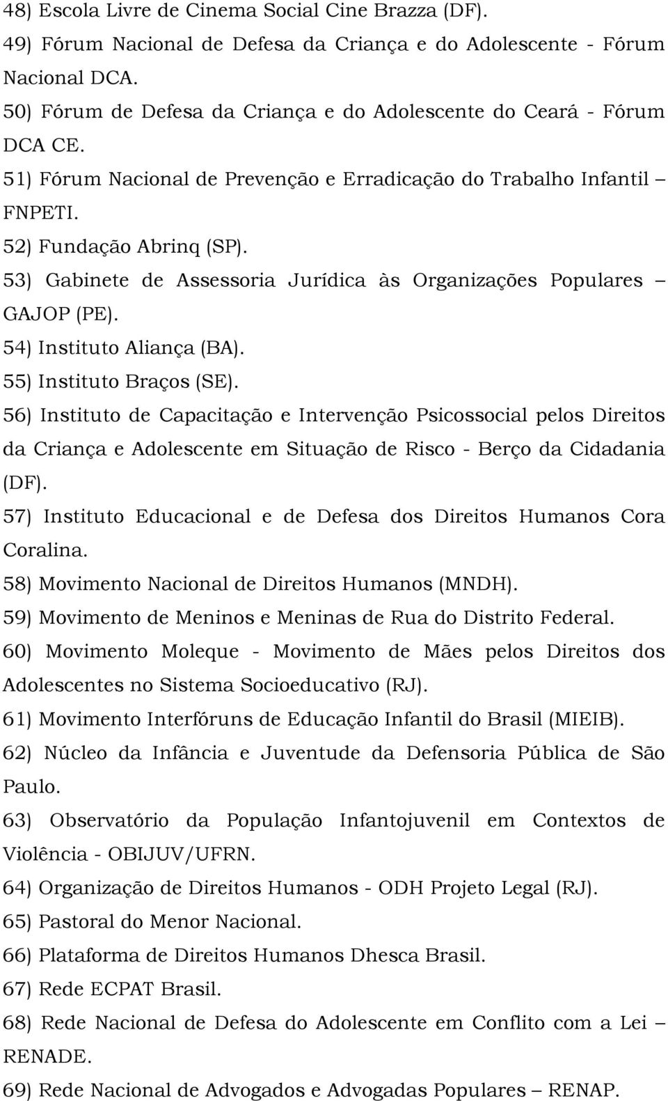 53) Gabinete de Assessoria Jurídica às Organizações Populares GAJOP (PE). 54) Instituto Aliança (BA). 55) Instituto Braços (SE).
