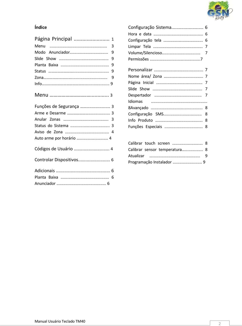 .. 6 Limpar Tela... 7 Volume/Silencioso... 7 Permissões...7 Personalizar... 7 Nome área/ Zona... 7 Página Inicial... 7 Slide Show... 7 Despertador... 7 Idiomas... 8Avançado... 8 Configuração SMS.