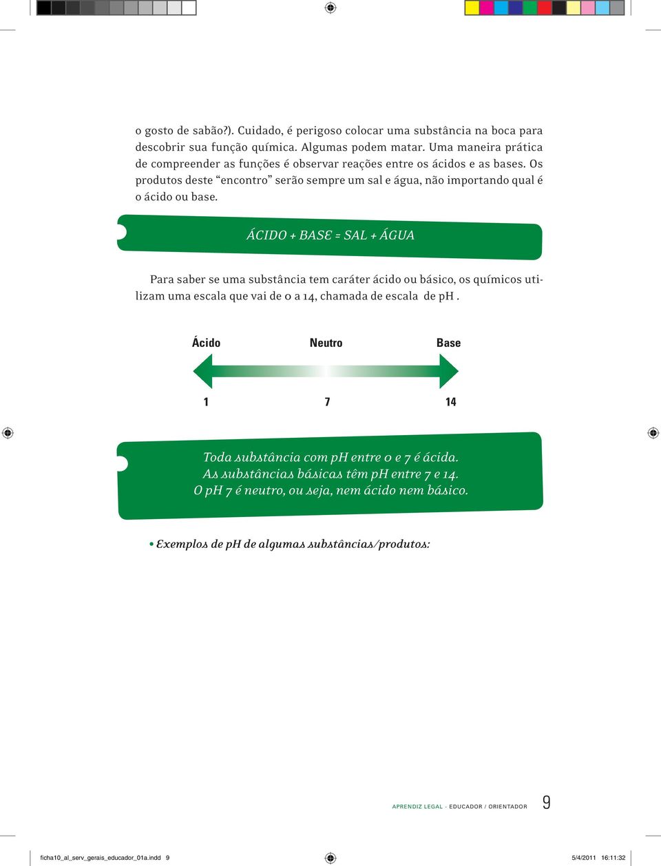 ÁCIDO + BASE = SAL + ÁGUA Para saber se uma substância tem caráter ácido ou básico, os químicos utilizam uma escala que vai de 0 a 14, chamada de escala de ph.