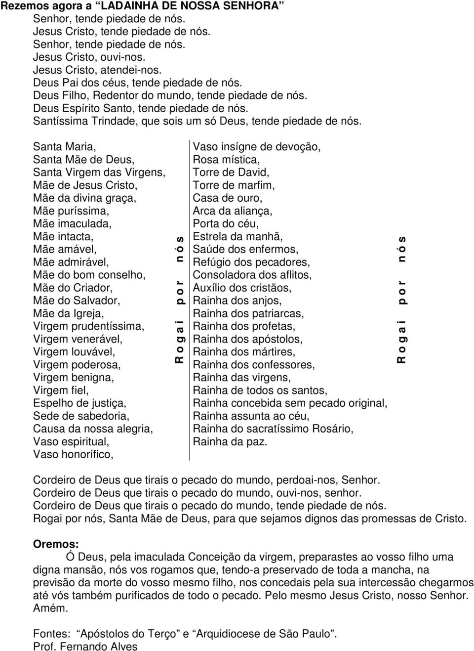 Santa Maria, Santa Mãe de Deus, Santa Virgem das Virgens, Mãe de Jesus Cristo, Mãe da divina graça, Mãe puríssima, Mãe imaculada, Mãe intacta, Mãe amável, Mãe admirável, Mãe do bom conselho, Mãe do