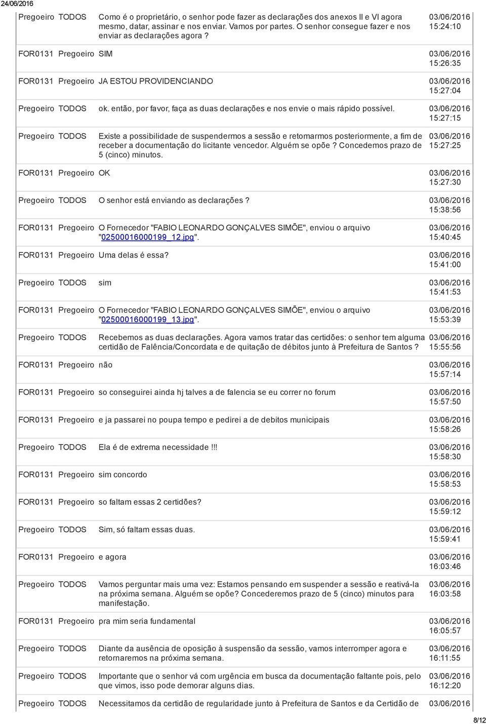 15:27:15 Existe a possibilidade de suspendermos a sessão e retomarmos posteriormente, a fim de receber a documentação do licitante vencedor. Alguém se opõe? Concedemos prazo de 5 (cinco) minutos.