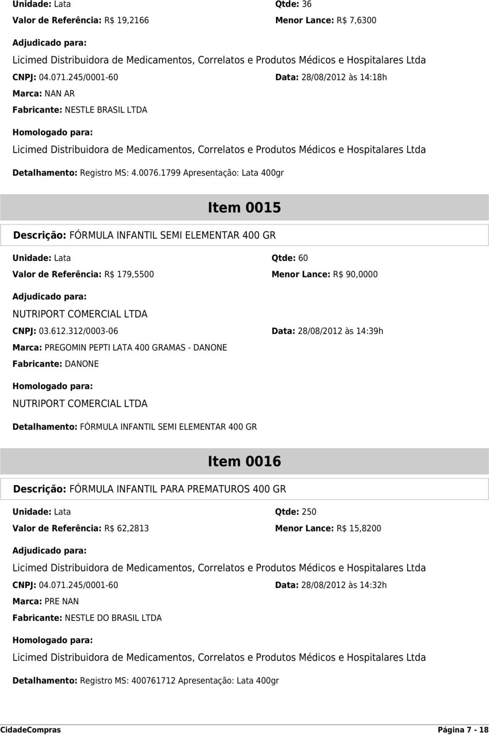 1799 Apresentação: Lata 400gr Item 0015 Descrição: FÓRMULA INFANTIL SEMI ELEMENTAR 400 GR Unidade: Lata Qtde: 60 Valor de Referência: R$ 179,5500 Menor Lance: R$ 90,0000 CNPJ: 03.612.