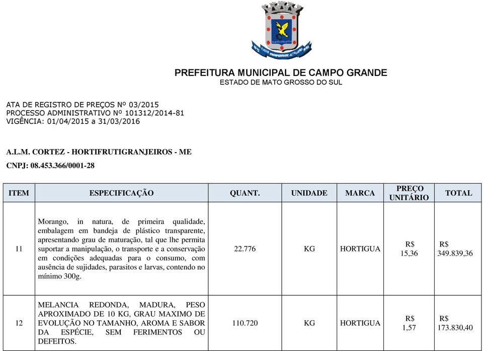 UNIDADE MARCA PREÇO UNITÁRIO TOTAL 11 Morango, in natura, de primeira qualidade, embalagem em bandeja de plástico transparente, apresentando grau de maturação, tal que lhe permita suportar a