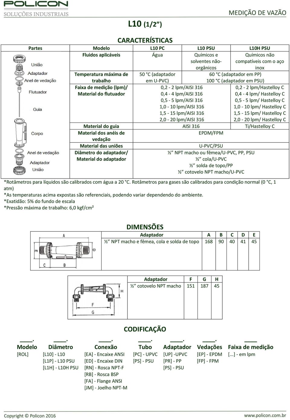 Hastelloy C 1,5-15 lpm/ Hastelloy C 2,0-20 lpm/ Hastelloy C Material do guia AISI 316 Ti/Hastelloy C Material dos anéis de vedação /PSU ½ NPT macho ou fêmea/, PP, PSU ½ cola/ ½ solda de topo/pp ½