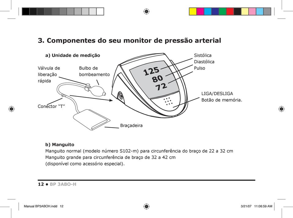 Braçadeira b) Manguito Manguito normal (modelo número S102-m) para circunferência do braço de 22 a 32 cm