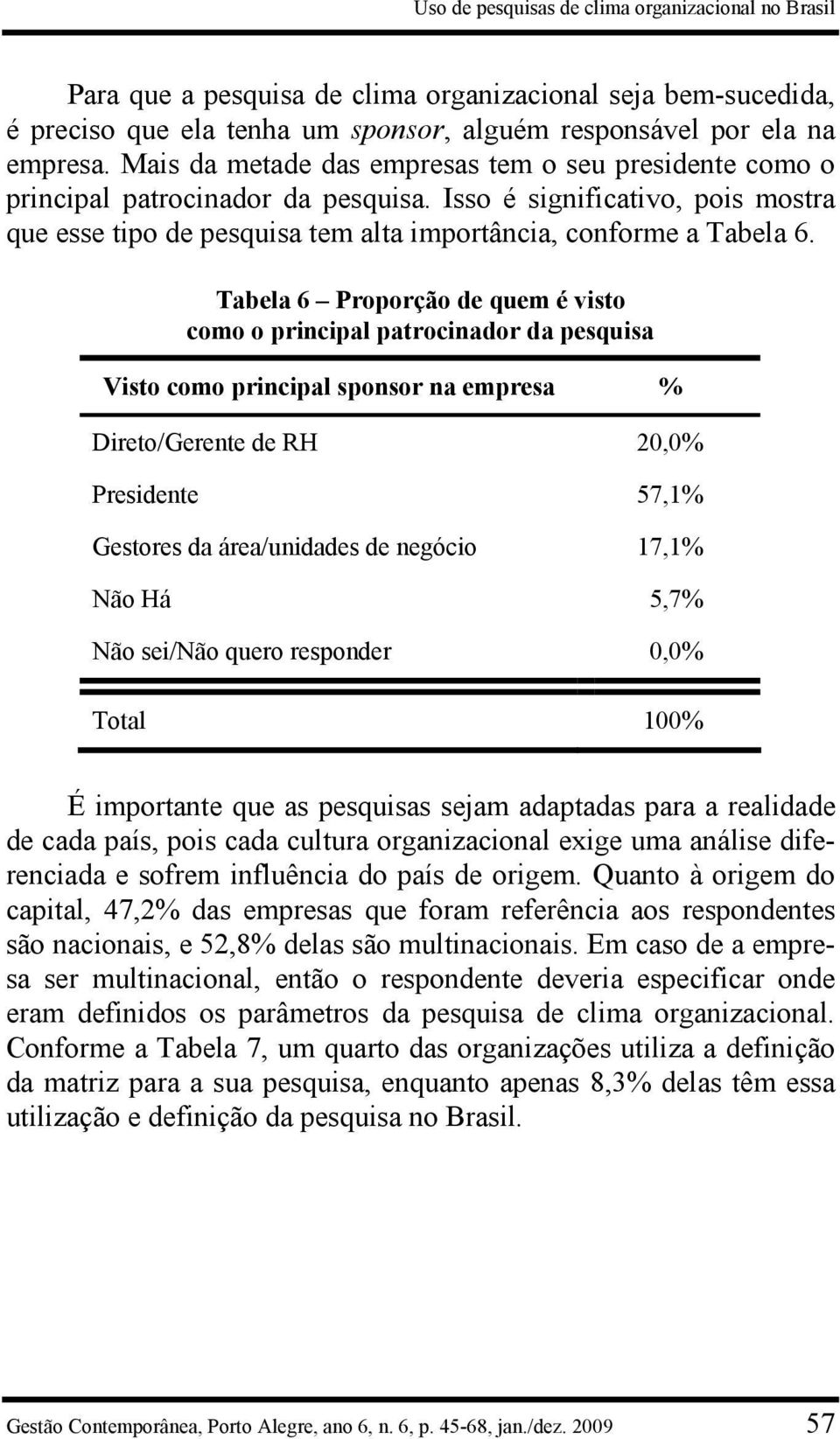 Tabela 6 Proporção de quem é visto como o principal patrocinador da pesquisa Visto como principal sponsor na empresa % Direto/Gerente de RH 20,0% Presidente 57,1% Gestores da área/unidades de negócio