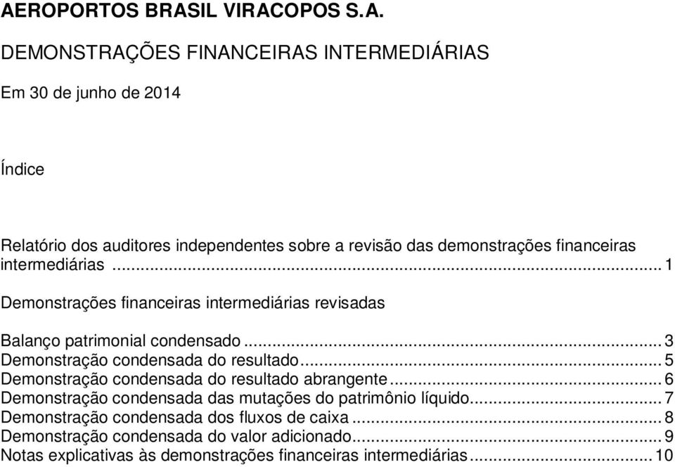 .. 3 Demonstração condensada do resultado... 5 Demonstração condensada do resultado abrangente.