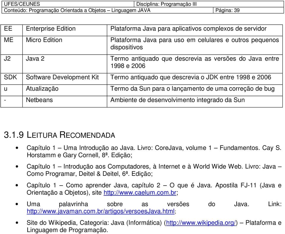 Atualizaçã Term da Sun para lançament de uma crreçã de bug - Netbeans Ambiente de desenvlviment integrad da Sun 3.1.9 LEITURA RECOMENDADA Capítul 1 Uma Intrduçã a Java.