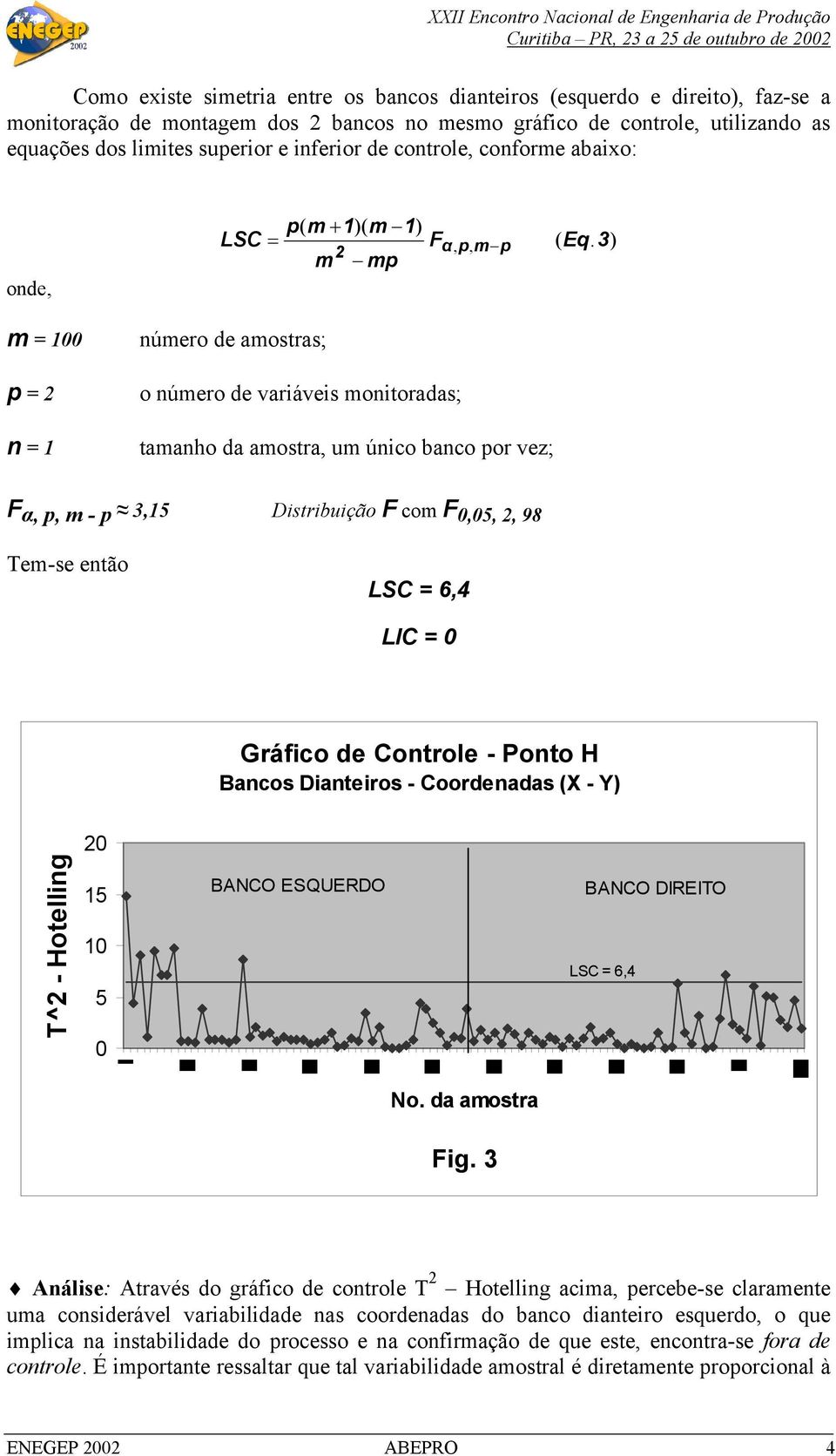 3) m mp m = 100 p = n = 1 número de amostras; o número de variáveis monitoradas; tamanho da amostra, um único banco por vez; F α, p, m - p 3,15 Distribuição F com F 0,05,, 98 Tem-se então LSC = 6,4