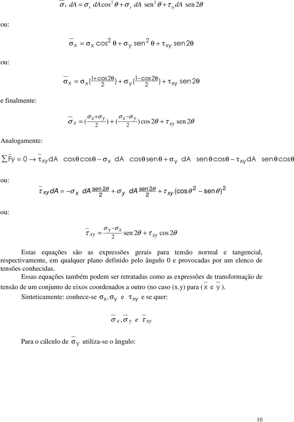 definido pelo ângulo 0 e provocadas por um elenco de tensões conhecidas.