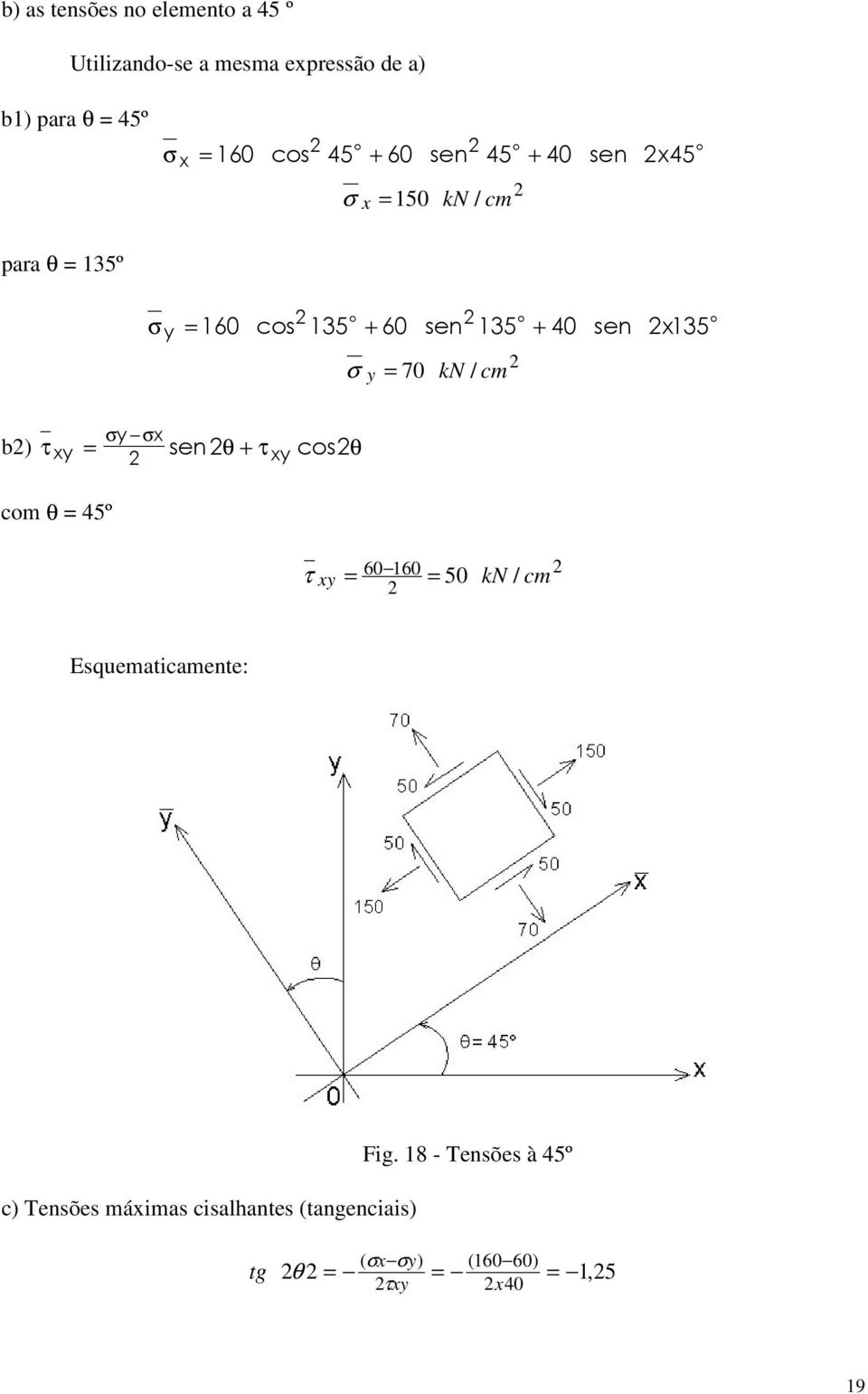 / cm b) θ + θ com θ 45º 60 160 50 kn / cm Esquematicamente: c) Tensões