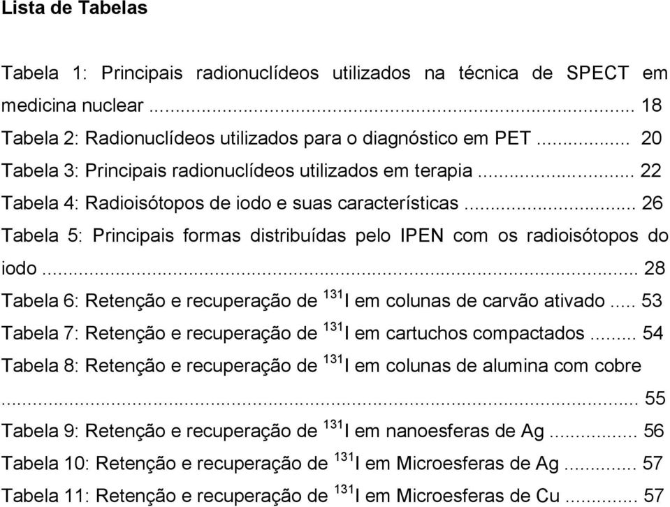 .. 26 Tabela 5: Principais formas distribuídas pelo IPEN com os radioisótopos do iodo... 28 Tabela 6: Retenção e recuperação de 131 I em colunas de carvão ativado.