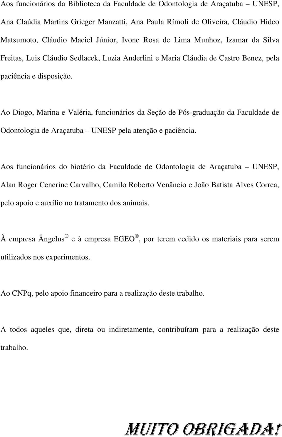 Ao Diogo, Marina e Valéria, funcionários da Seção de Pós-graduação da Faculdade de Odontologia de Araçatuba UNESP pela atenção e paciência.