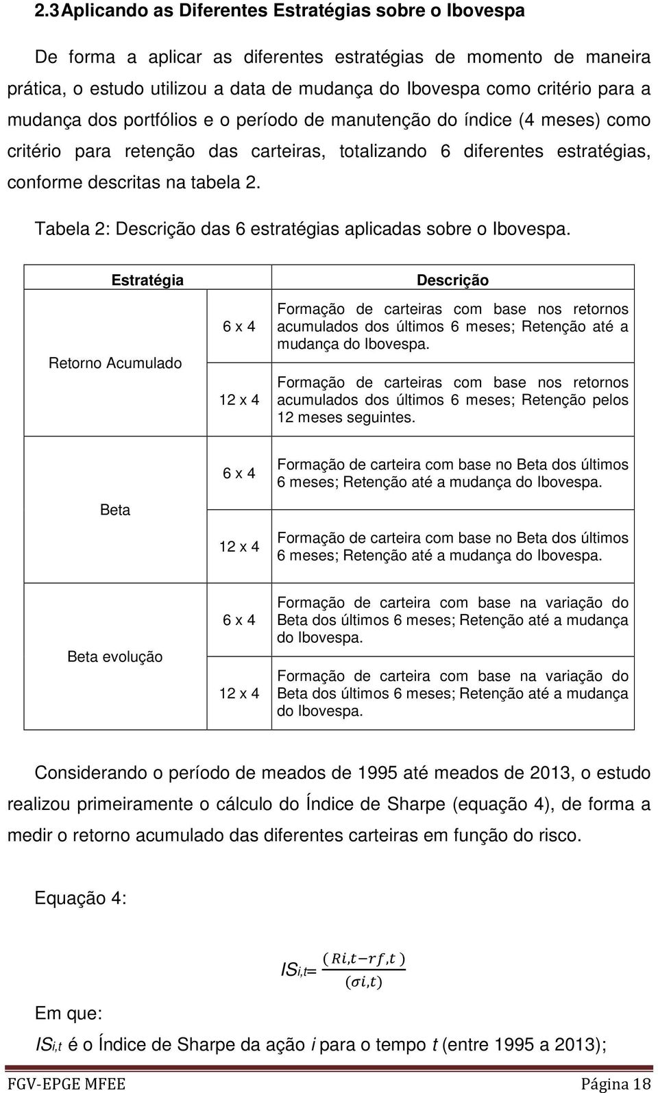 Tabela 2: Descrição das 6 estratégias aplicadas sobre o Ibovespa.