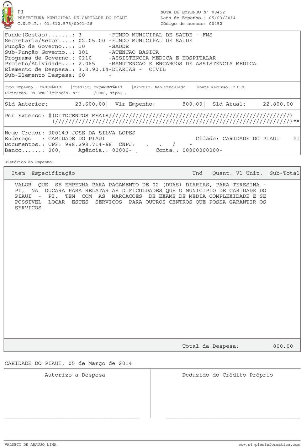 800,00 Por Extenso: #(OITOCENTOS REAIS//////////////////////////////////////////////////////) Nome Credor: 300149-JOSE DA SILVA LOPES Endereço : CARIDADE DO PIAUI Cidade: CARIDADE DO PIAUI PI