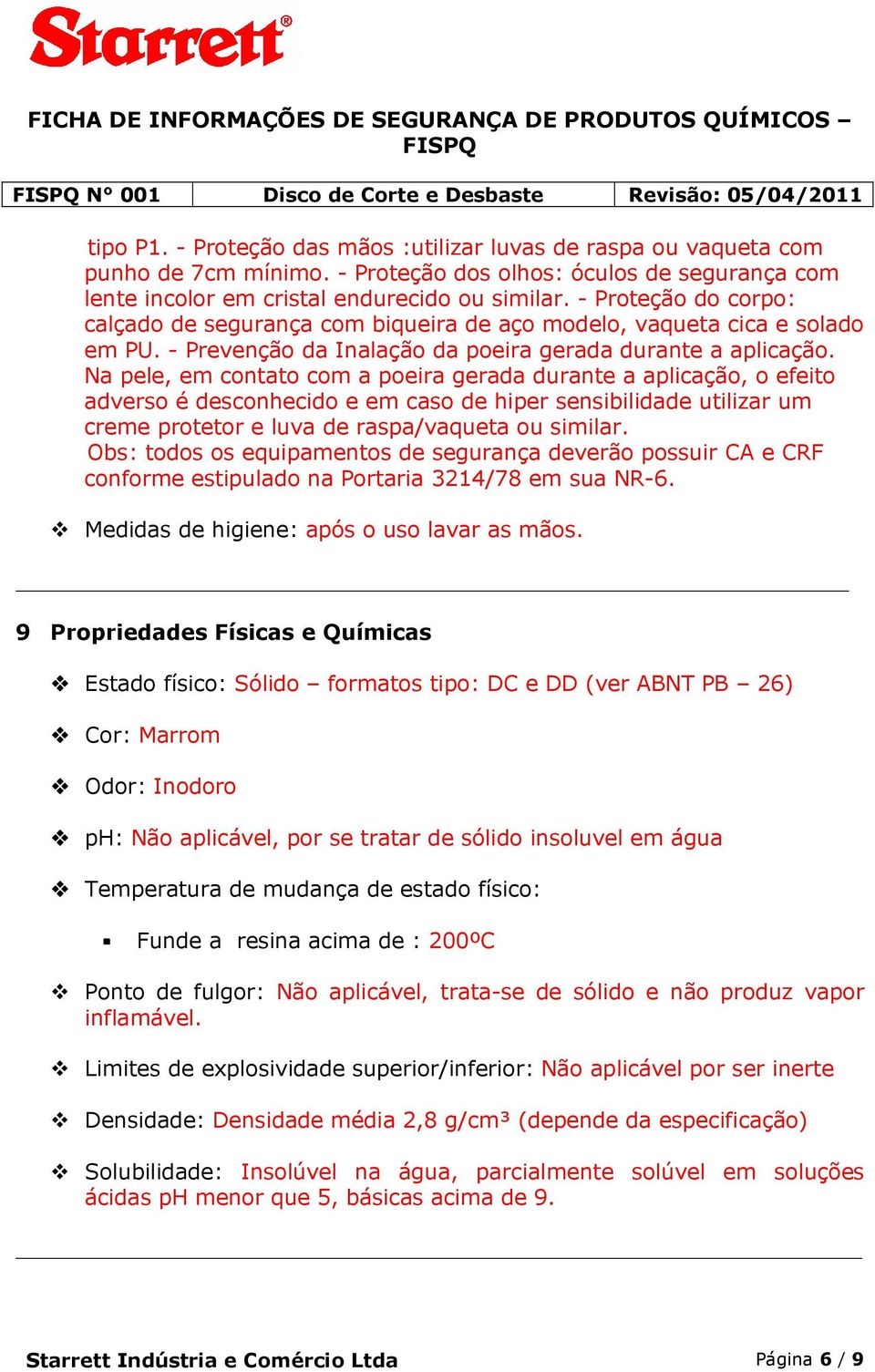 - Prevenção da Inalação da poeira gerada durante a aplicação.