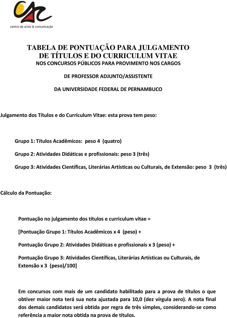 profissionais: peso 3 (três) Grupo 3: Atividades Científicas, Literárias Artísticas ou Culturais, de Extensão: peso 3 (três) Cálculo da Pontuação: Pontuação no julgamento dos títulos e curriculum