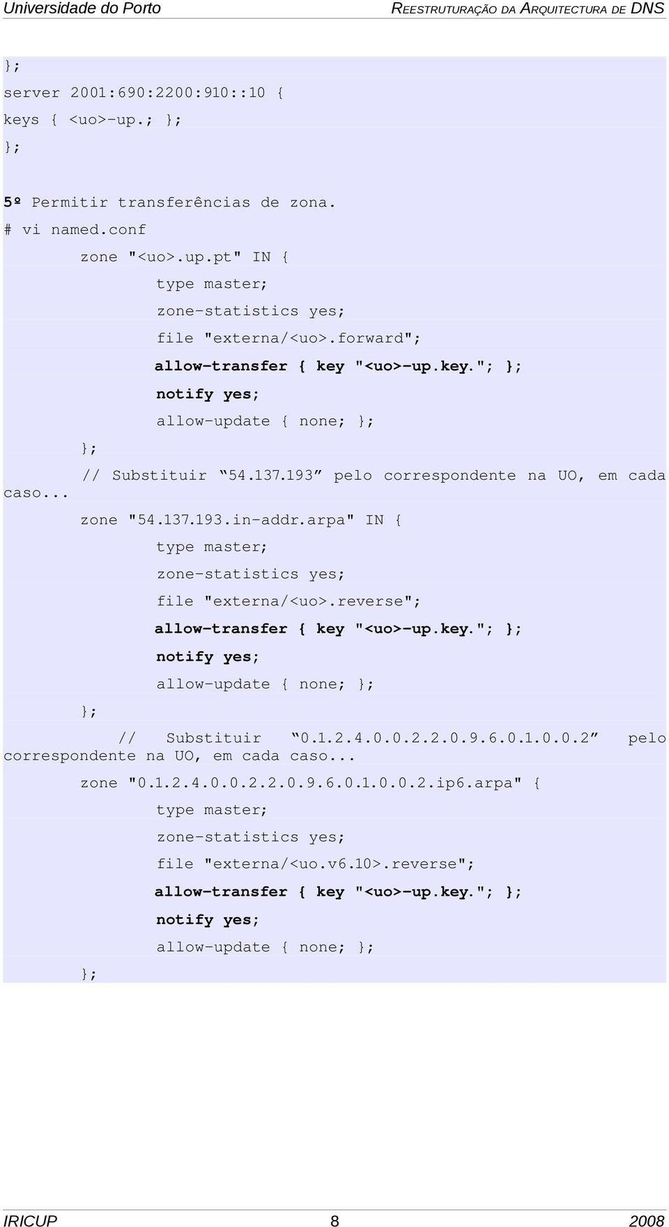 arpa" IN { type master; zone statistics yes; file "externa/<uo>.reverse"; allow transfer { key "<uo> up.key."; notify yes; allow update { none; // Substituir 0.