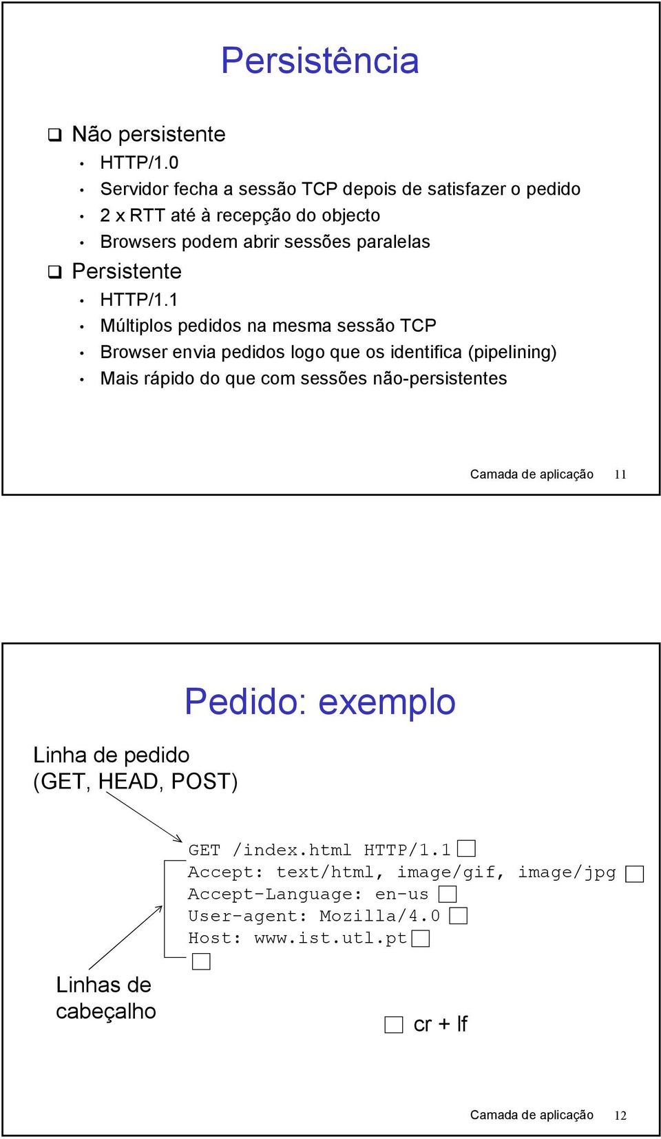 1 Múltiplos pedidos na mesma sessão TCP Browser envia pedidos logo que os identifica (pipelining) Mais rápido do que com sessões não-persistentes