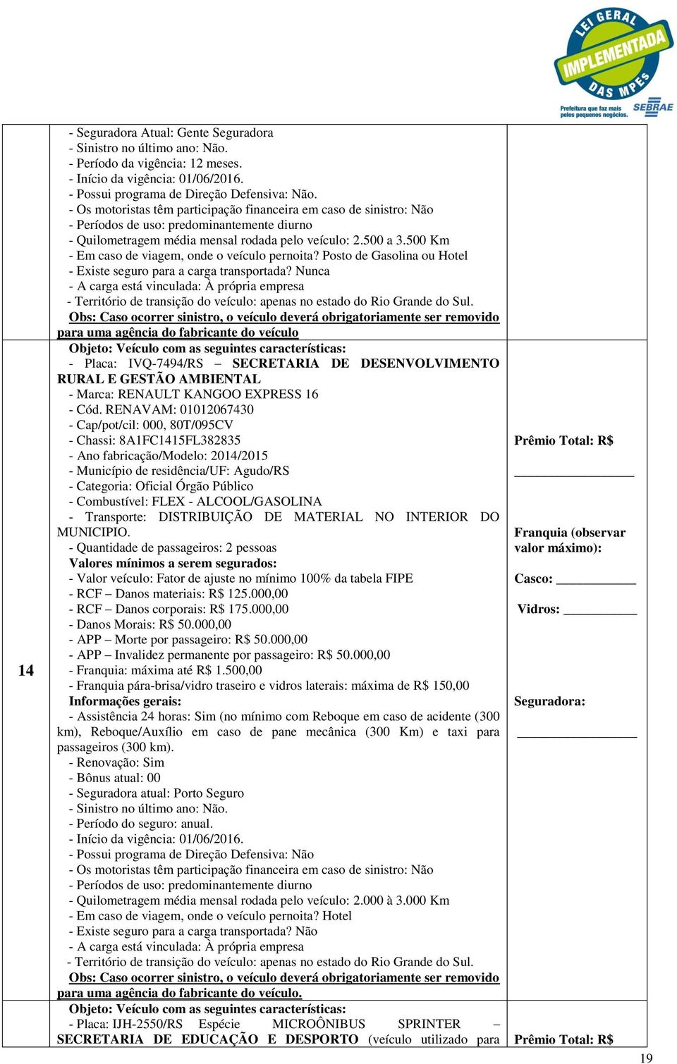 Nunca para uma agência do fabricante do veículo - Placa: IVQ-7494/RS SECRETARIA DE DESENVOLVIMENTO RURAL E GESTÃO AMBIENTAL - Marca: RENAULT KANGOO EXPRESS 16 - Cód.