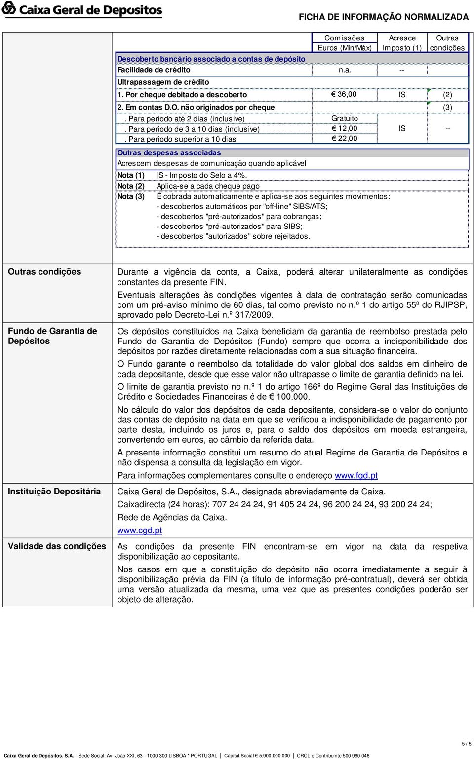 Para periodo superior a 10 dias n.a. -- Gratuito 12,00 22,00 IS - do Selo a 4%.