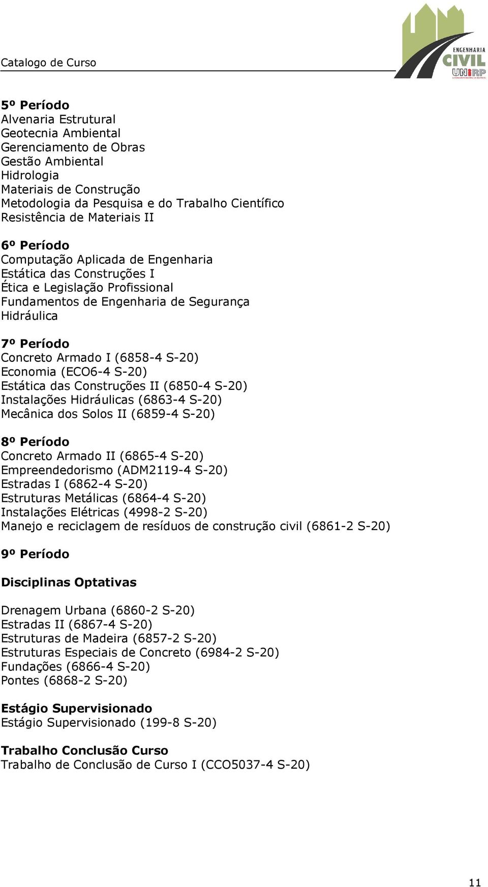 (6858-4 S-20) Economia (ECO6-4 S-20) Estática das Construções II (6850-4 S-20) Instalações Hidráulicas (6863-4 S-20) Mecânica dos Solos II (6859-4 S-20) 8º Período Concreto Armado II (6865-4 S-20)