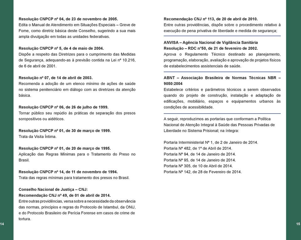 Resolução CNPCP nº 5, de 4 de maio de 2004. Dispõe a respeito das Diretrizes para o cumprimento das Medidas de Segurança, adequando-as à previsão contida na Lei nº 10.216, de 6 de abril de 2001.