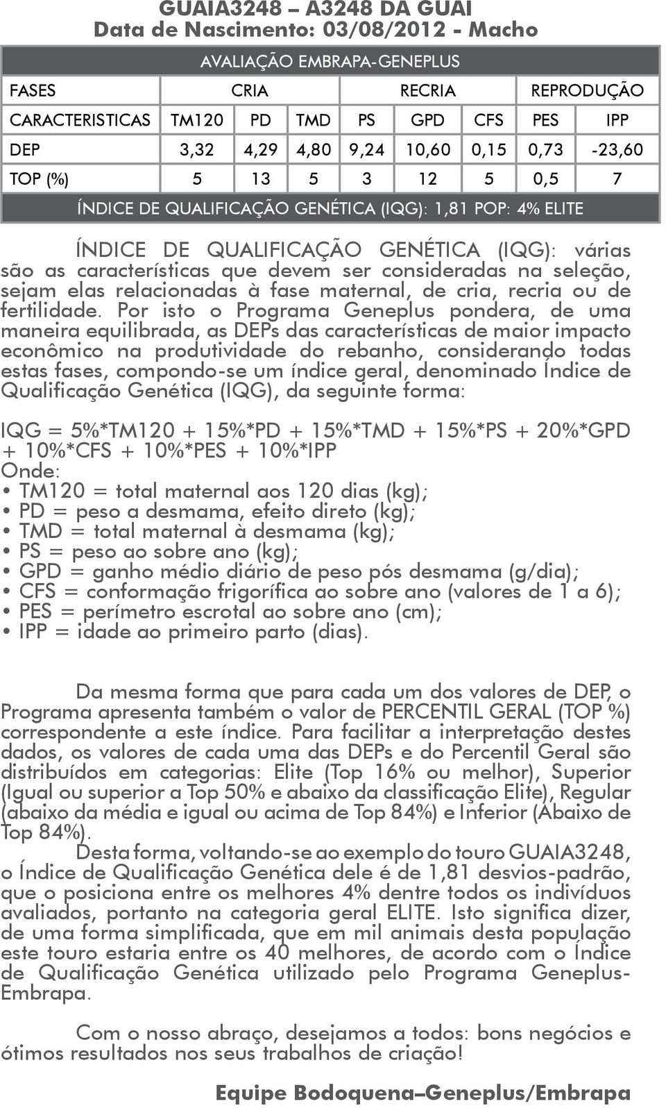 Por isto o Programa Geneplus pondera, de uma maneira equilibrada, as DEPs das características de maior impacto econômico na produtividade do rebanho, considerando todas estas fases, compondo-se um