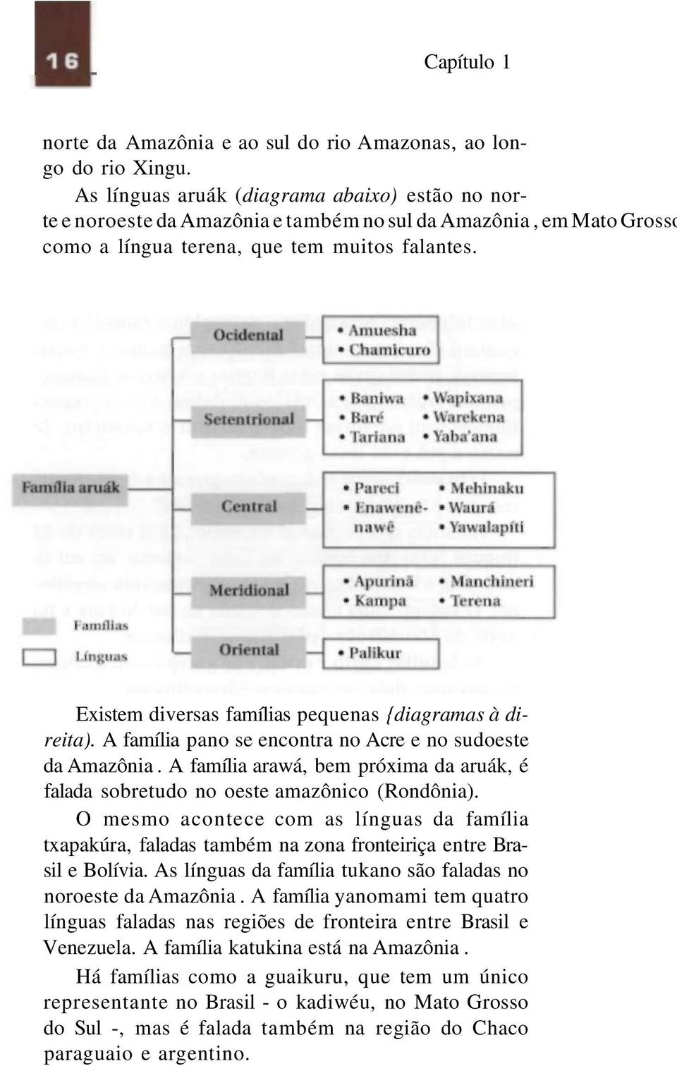 Existem diversas famílias pequenas {diagramas à direita). A família pano se encontra no Acre e no sudoeste da Amazônia.