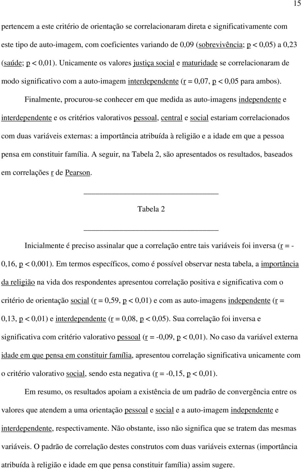 Finalmente, procurou-se conhecer em que medida as auto-imagens independente e interdependente e os critérios valorativos pessoal, central e social estariam correlacionados com duas variáveis