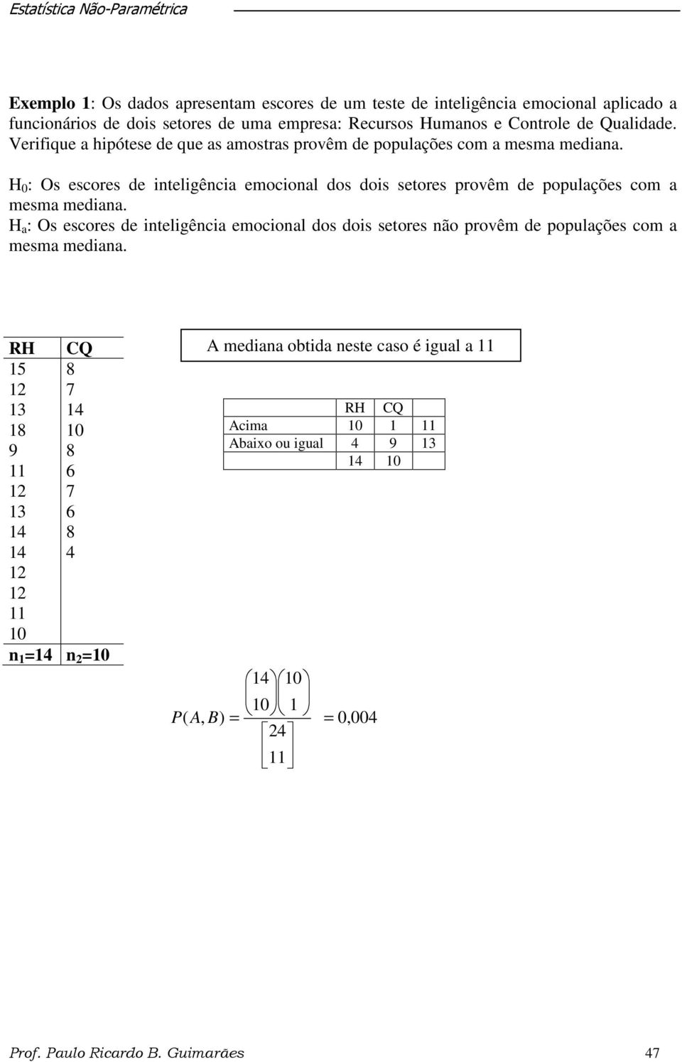 H 0 : Os escores de inteligência emocional dos dois setores provêm de populações com a mesma mediana.