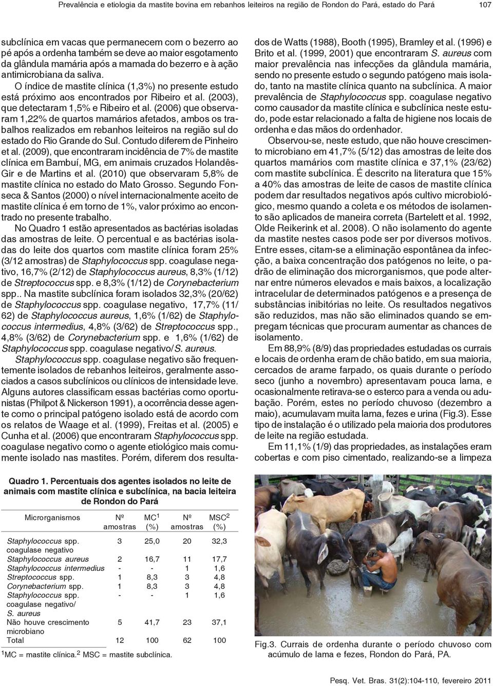 (2003), que detectaram 1,5% e Ribeiro et al. (2006) que observaram 1,22% de quartos mamários afetados, ambos os trabalhos realizados em rebanhos leiteiros na região sul do estado do Rio Grande do Sul.