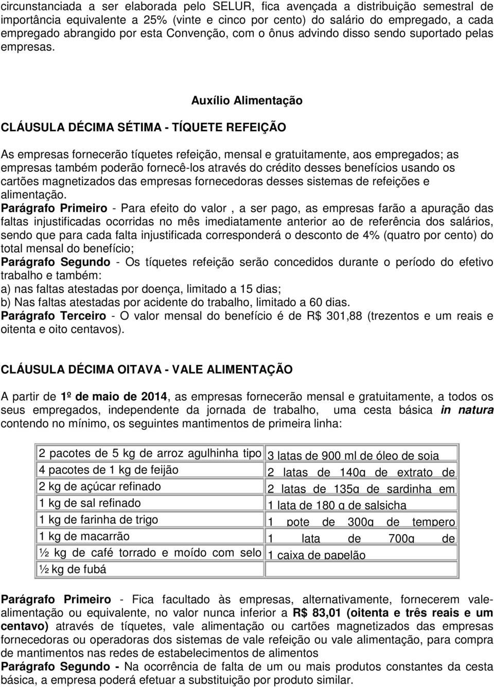 Auxílio Alimentação CLÁUSULA DÉCIMA SÉTIMA - TÍQUETE REFEIÇÃO As empresas fornecerão tíquetes refeição, mensal e gratuitamente, aos empregados; as empresas também poderão fornecê-los através do