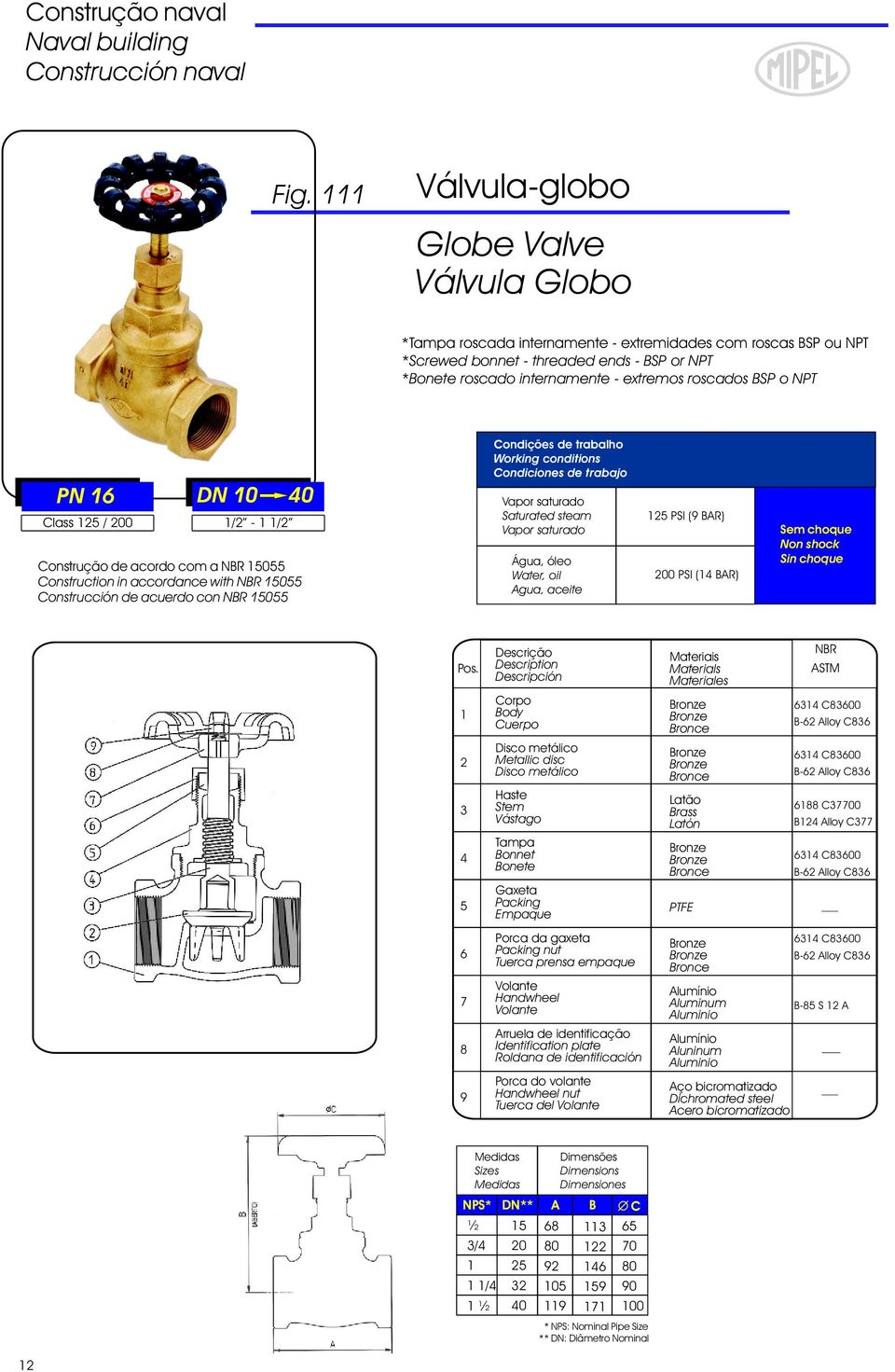 extremos roscados BSP o NPT PN DN 0 0 Class / 00 / - / Construção de acordo com a Construction in accordance with Construcción de acuerdo con Condições de trabalho