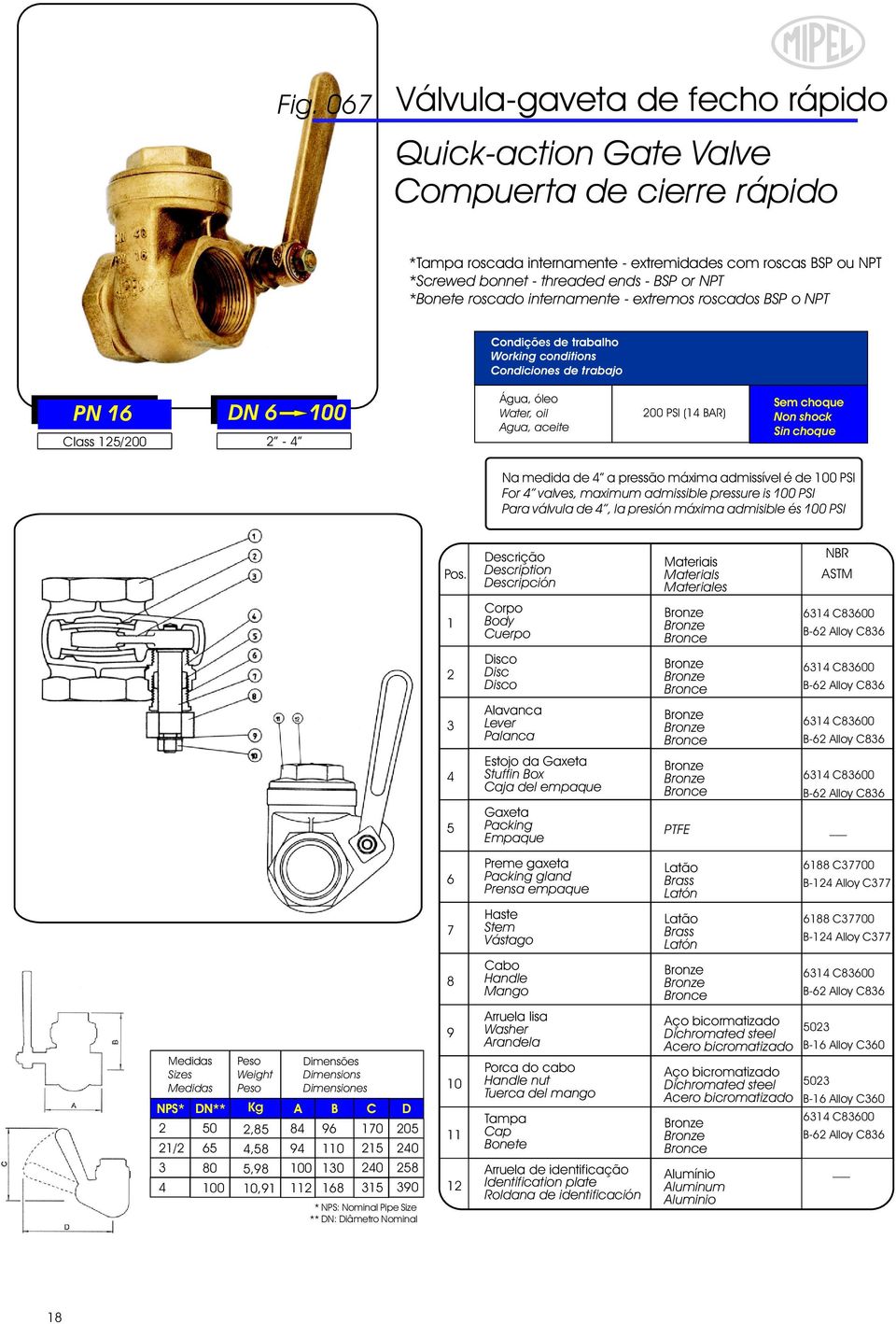 /00-00 PSI ( BAR) Na medida de a pressão máxima admissível é de 00 PSI For valves, maximum admissible pressure is 00 PSI Para válvula de, la presión máxima admisible és 00 PSI Disco Disc Disco