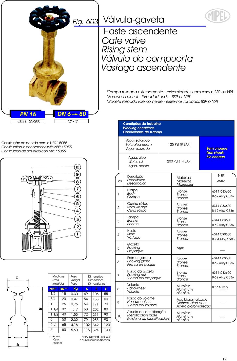 trabajo Construção de acordo com a Construction in accordance with Construción de acuerdo con Saturated steam PSI ( BAR) 00 PSI ( BAR) Cunha sólida Solid wedge Cuña sólida Haste Stem Gaxeta Packing