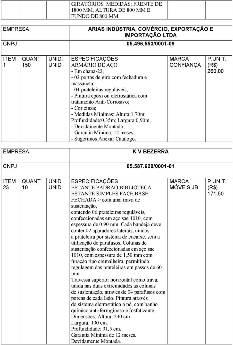 cinza; - Medidas Mínimas: Altura:1,70m; Profundidade:0,35m; Largura:0,90m; - Devidamente Montado; - Garantia Mínima: 12 meses; - Sugerimos Anexar Catálogo.