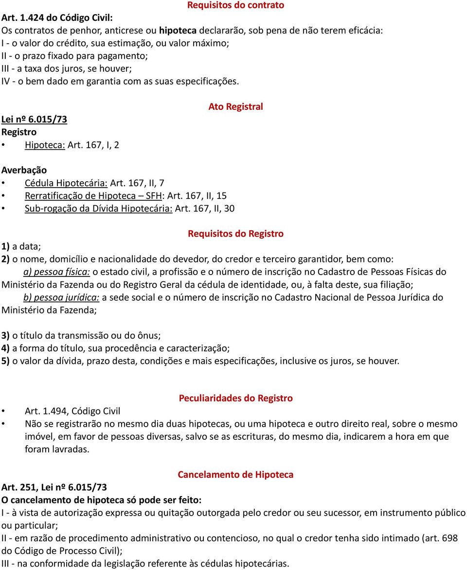 pagamento; III - a taxa dos juros, se houver; IV - o bem dado em garantia com as suas especificações. Lei nº 6.015/73 Registro Hipoteca: Art. 167, I, 2 Ato Registral Averbação Cédula Hipotecária: Art.