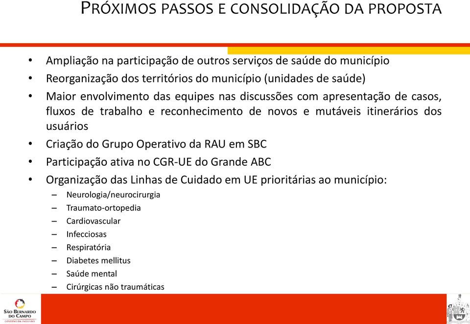 itinerários dos usuários Criação do Grupo Operativo da RAU em SBC Participação ativa no CGR-UE do Grande ABC Organização das Linhas de Cuidado em UE