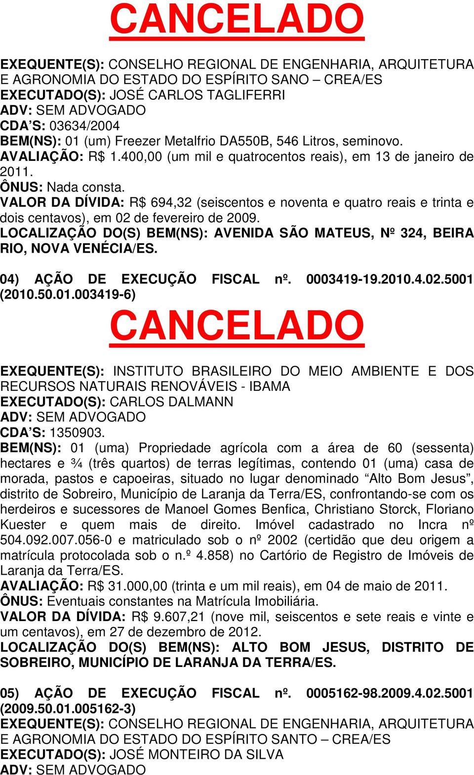 VALOR DA DÍVIDA: R$ 694,32 (seiscentos e noventa e quatro reais e trinta e dois centavos), em 02 de fevereiro de 2009.