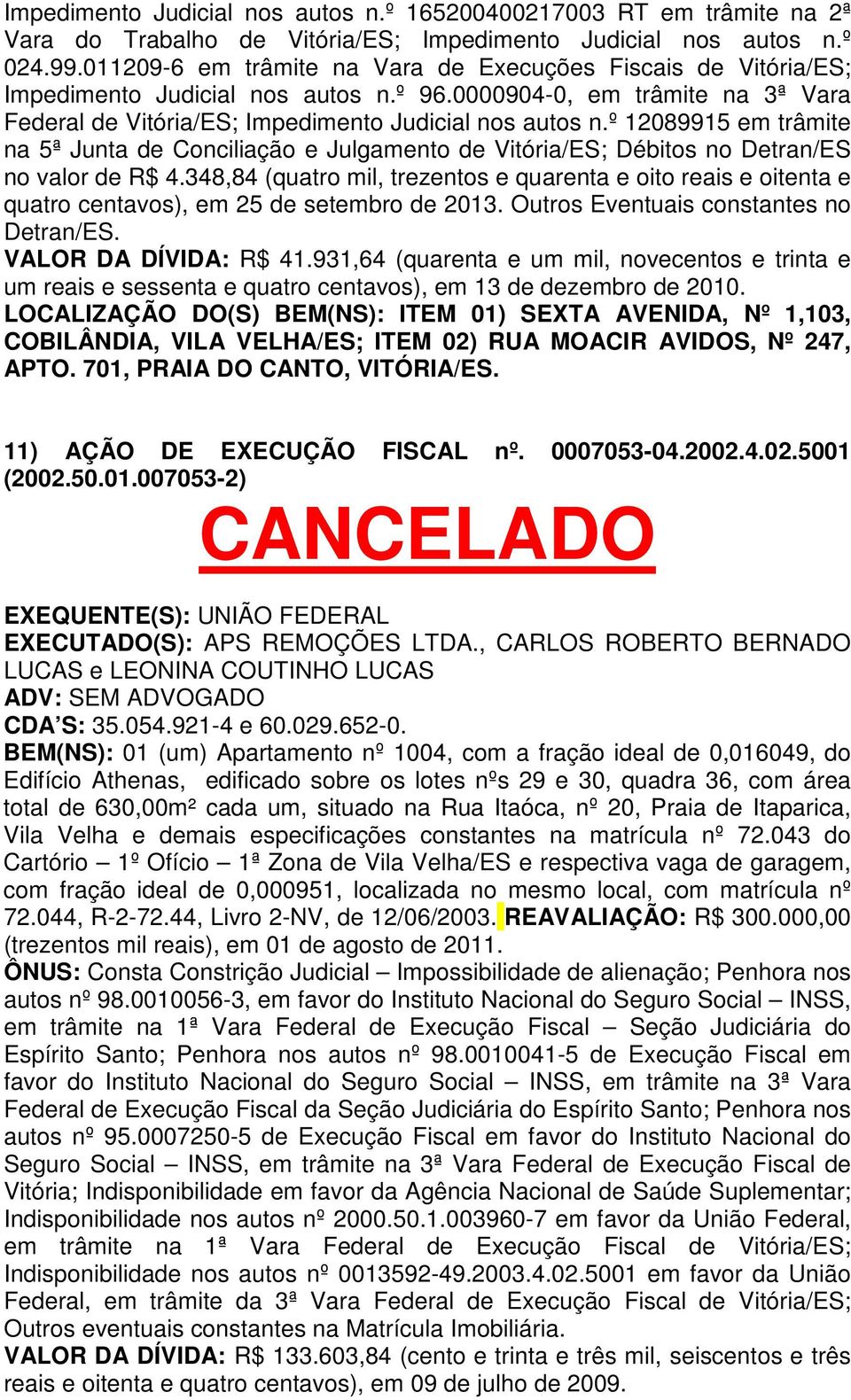 º 12089915 em trâmite na 5ª Junta de Conciliação e Julgamento de Vitória/ES; Débitos no Detran/ES no valor de R$ 4.