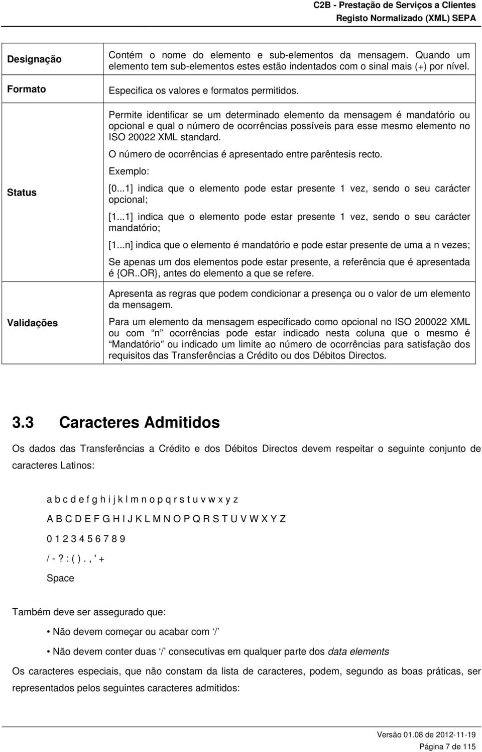 Permite identificar se um determinado elemento da mensagem é mandatório ou opcional e qual o número de ocorrências possíveis para esse mesmo elemento no ISO 20022 XML standard.