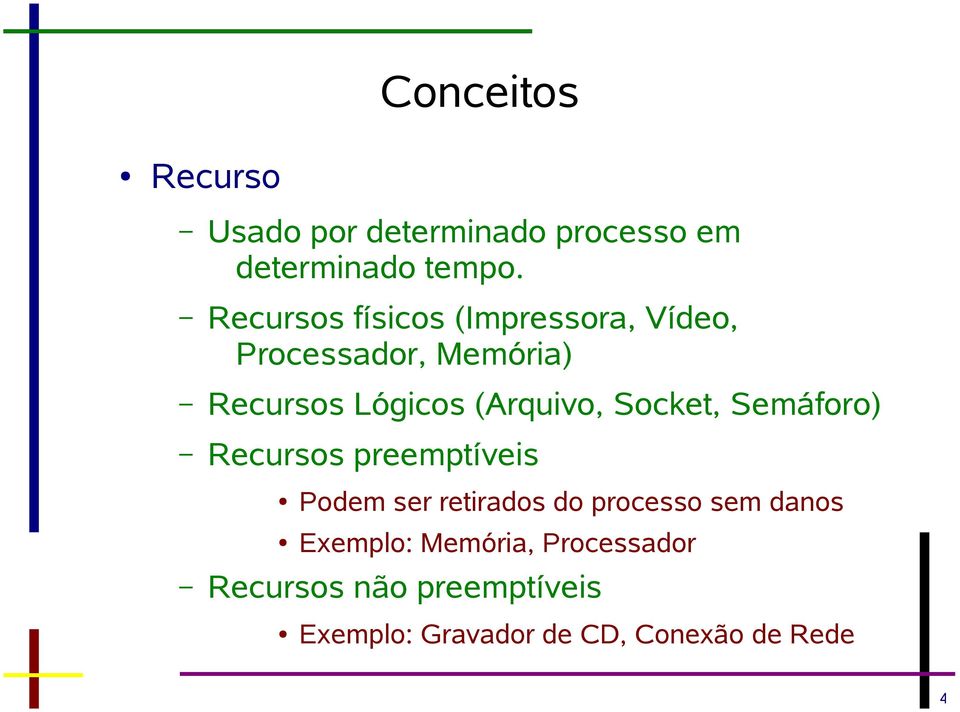 (Arquivo, Socket, Semáforo) Recursos preemptíveis Podem ser retirados do processo