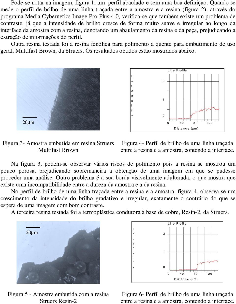 0, verifica-se que ambém exise um problema de corase, já que a iesidade de brilho cresce de forma muio suave e irregular ao logo da ierface da amosra com a resia, deoado um abaulameo da resia e da