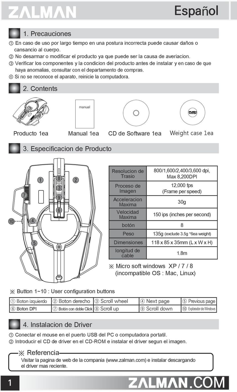 Si no se reconoce el aparato, reinicie la computadora.. Contents manual Producto ea Manual ea CD de Software ea Weight case ea.